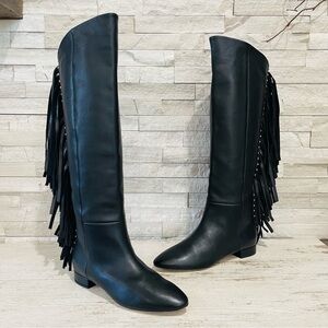 Saint Laurent Dana Black Leather Fringe Studded Knee High Boots Size 35 $1890